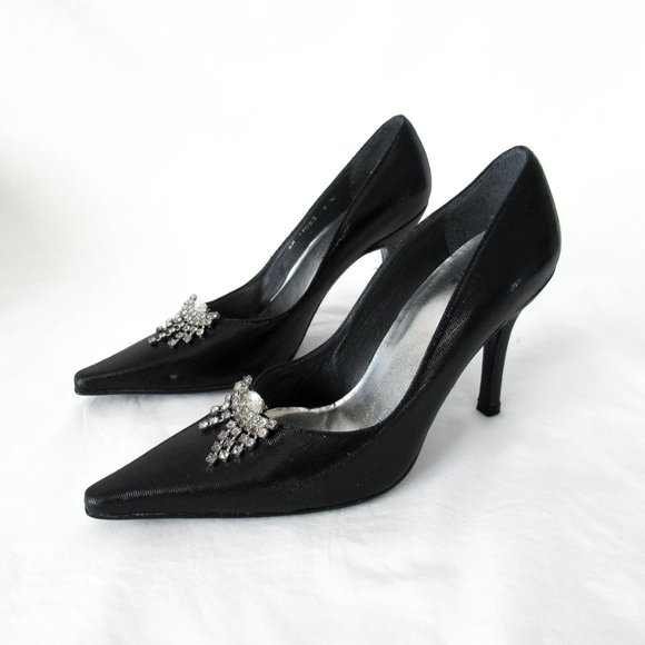 STUART WEITZMEN Classic Black Pointed Toe Pumps Crystal Charm Fringe Heels - Picture 15 of 15